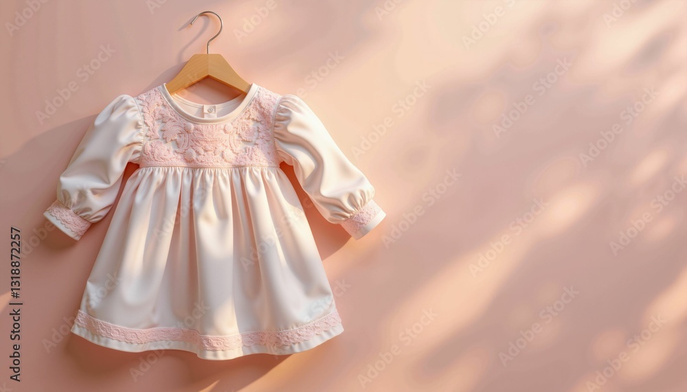 Obraz premium Delicate baby dress with lace details hanging on a wooden hanger in soft natural light.