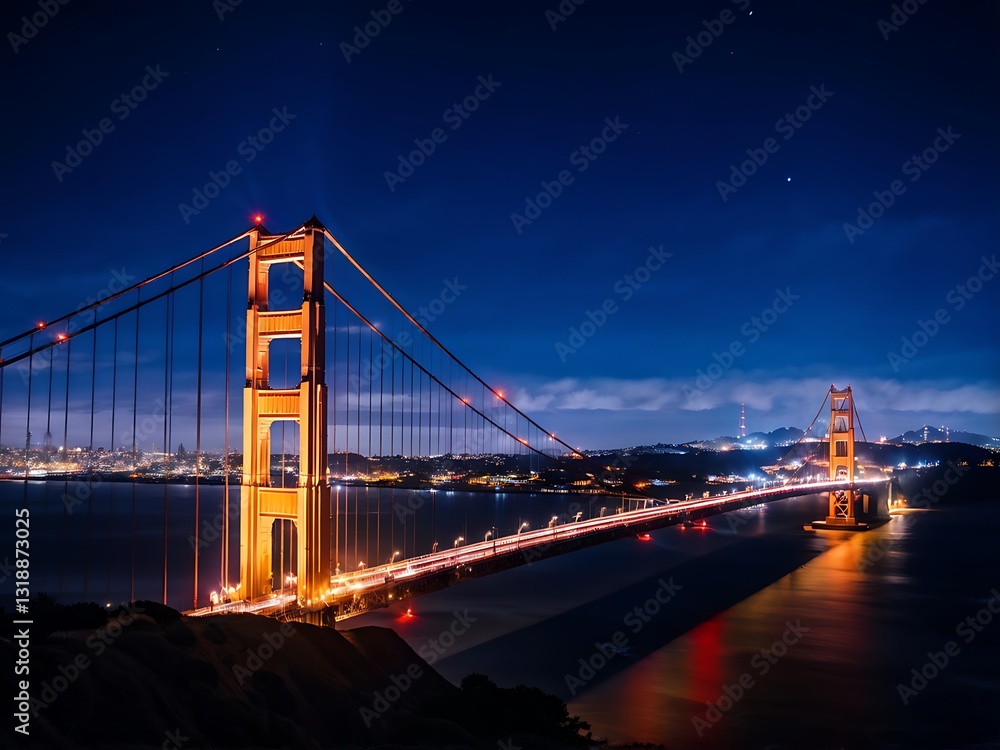 Naklejka premium Golden Gate Bridge at Night with Starry Sky