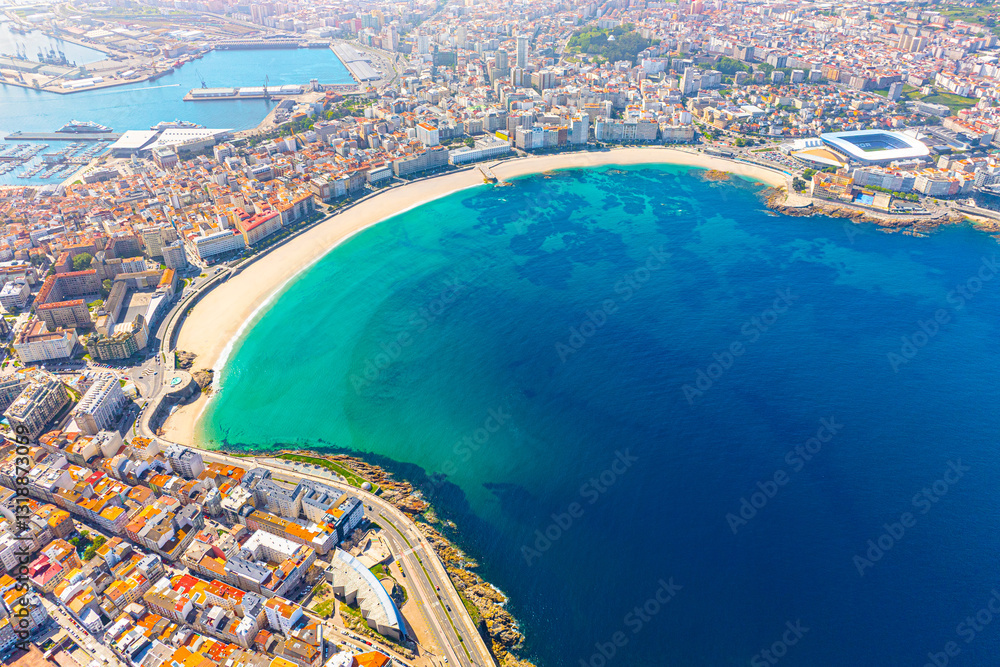 Panoramic view of the city of A Coruna. A large city in northwestern Spain, a resort and port. Galicia, Spain