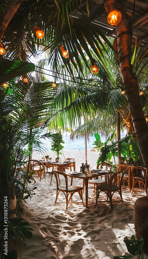 Fototapeta premium A dreamlike beachside caf where glowing sand and radiant tropical plants create a chic setting for Caribbean-inspired fashion