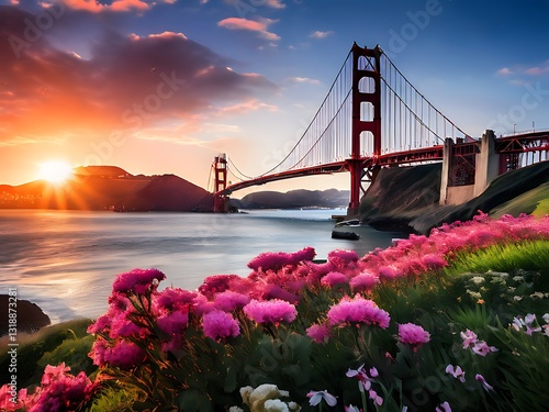 Golden Gate Bridge Sunrise with Flowers