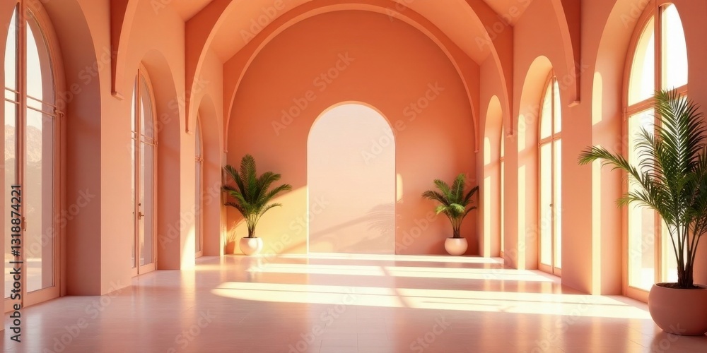 Obraz premium Serene Coral Hallway with Sunlight Streaming Through Arch Windows and Lush Greenery