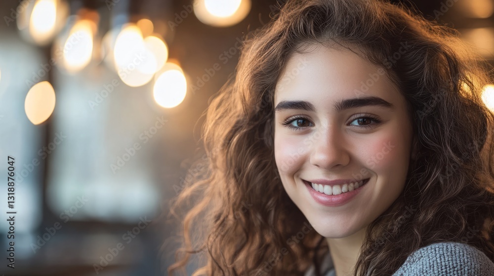 Obraz premium Warm Smile of a Beautiful Woman in Soft Light, Radiating Joy and Serenity 