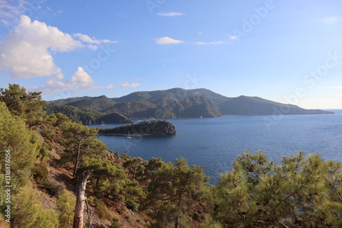 Fototapeta Naklejka Na Ścianę i Meble -  Aegean Sea and costal view near the Dead Sea (Olu Deniz) in Fethiye, Mugla, Turkey.
