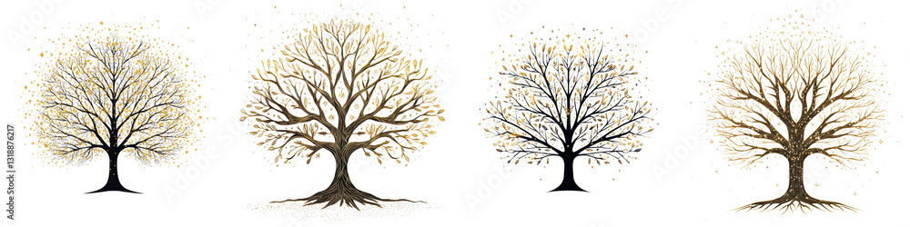 Obraz premium Elegant and minimalistic bare tree silhouettes in different seasonal landscape settings with a focus on abstract and stylized visuals