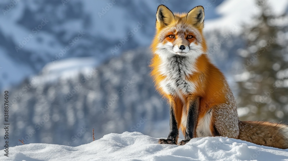 Red fox sitting in snowy mountain landscape Red fox sitting in snowy mountain landscape