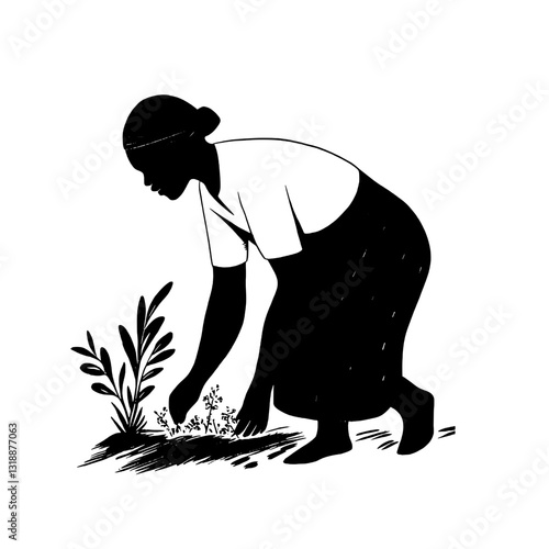 Woman tending to a garden, nurturing plants in a peaceful outdoor setting during a sunny afternoon