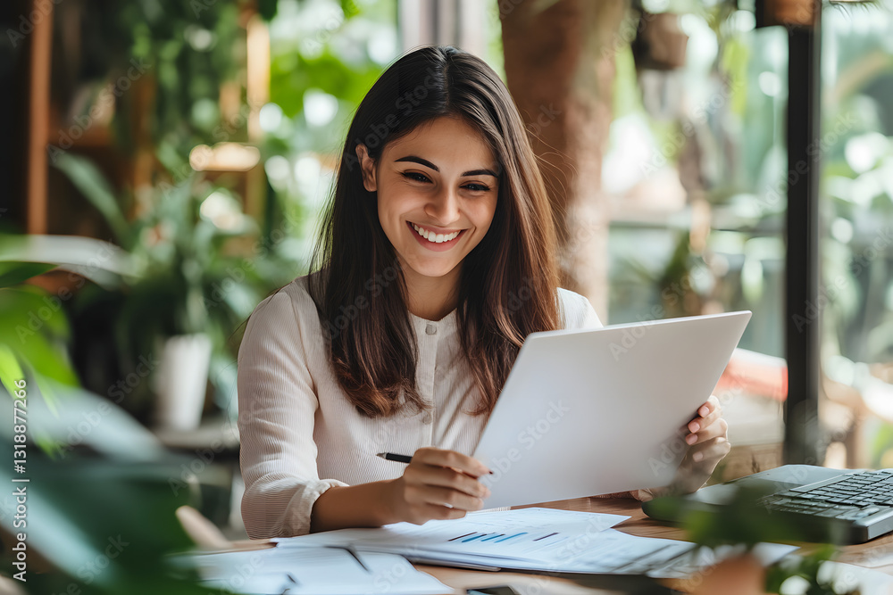 Smiling businesswoman reviewing documents Smiling businesswoman reviewing documents