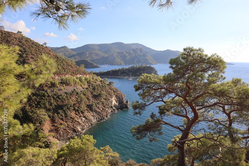 Fototapeta Naklejka Na Ścianę i Meble -  Aegean Sea and costal view near the Dead Sea (Olu Deniz) in Fethiye, Mugla, Turkey.