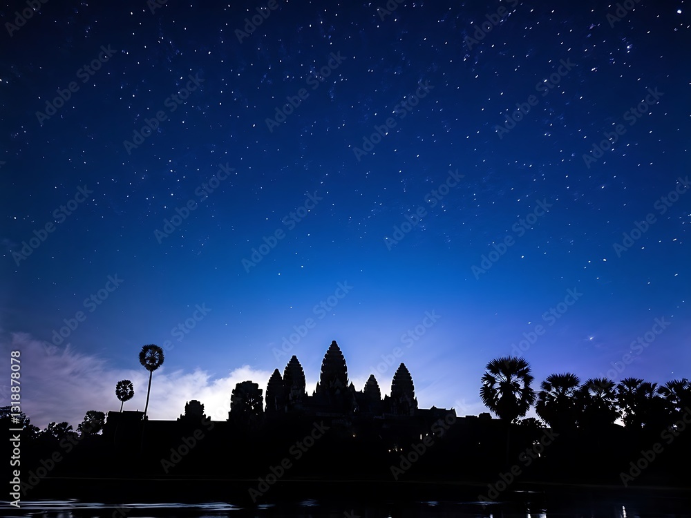 Naklejka premium Silhouette of Angkor Wat Under a Starry Sky