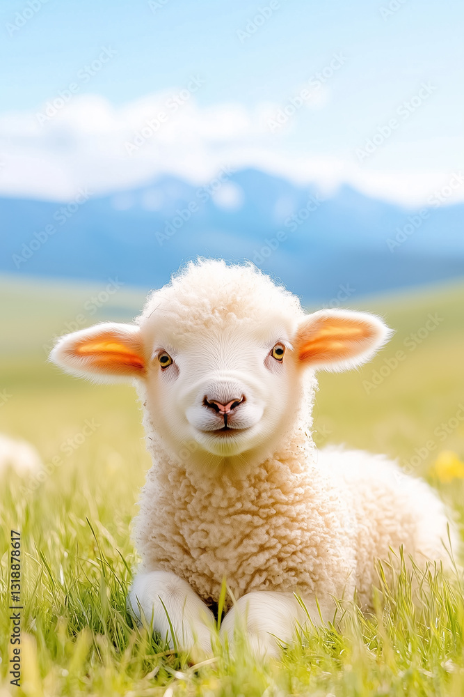 Fototapeta premium Soft white lambs frolic playfully in a lush green field, their delicate fur glowing brightly in the warm sunlight. The expansive blue sky promotes a tranquil, idyllic atmosphere