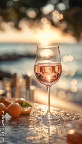 rosé pink wine in a chilled glass at the bar on the beach