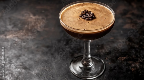 A close-up of an espresso martini with a garnish of coffee beans, placed on a sleek, dark surface, leaving plenty of room for adding event details or branding. photo