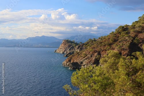 Fototapeta Naklejka Na Ścianę i Meble -  Aegean Sea and costal view near the Dead Sea (Olu Deniz) in Fethiye, Mugla, Turkey.