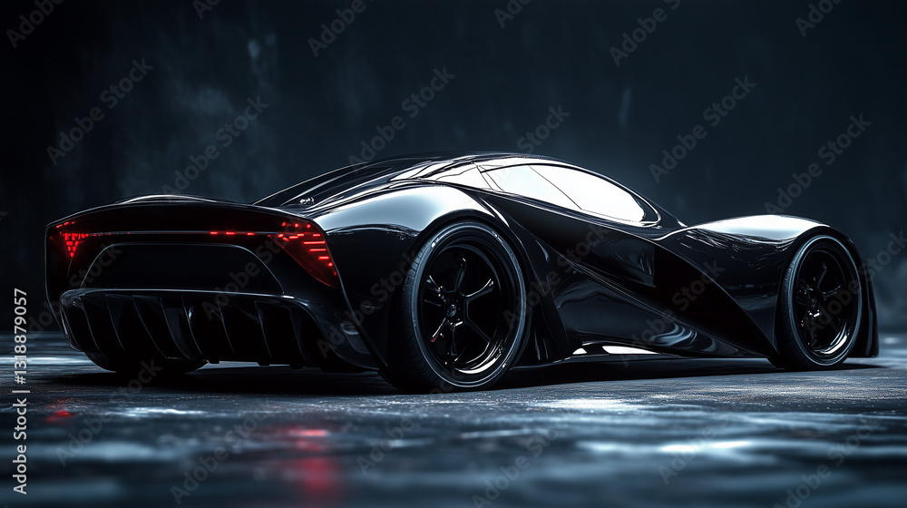 The computer-generated sports car is presented in a studio environment, with a dramatic dark background. The computer-generated sports car is presented in a studio environment, with a dramatic dark background.