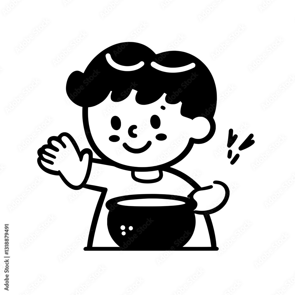 Young chef happily waving while stirring a pot in a cozy kitchen filled with culinary dreams and excitement Young chef happily waving while stirring a pot in a cozy kitchen filled with culinary dreams and excitement