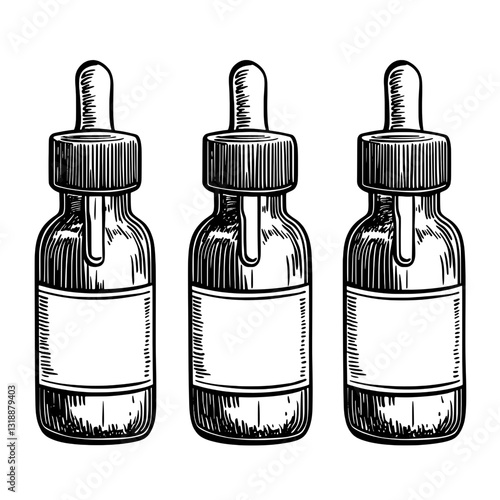 Vintage style illustration of three dropper bottles for herbal remedies on a clean white background