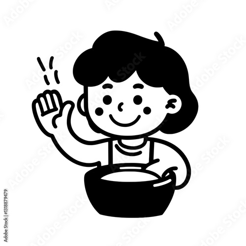 Cheerful child waving while mixing ingredients in a bowl during a fun cooking activity at home