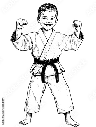 Young martial artist proudly showcasing his victory stance while wearing a black belt in a stylized vector illustration