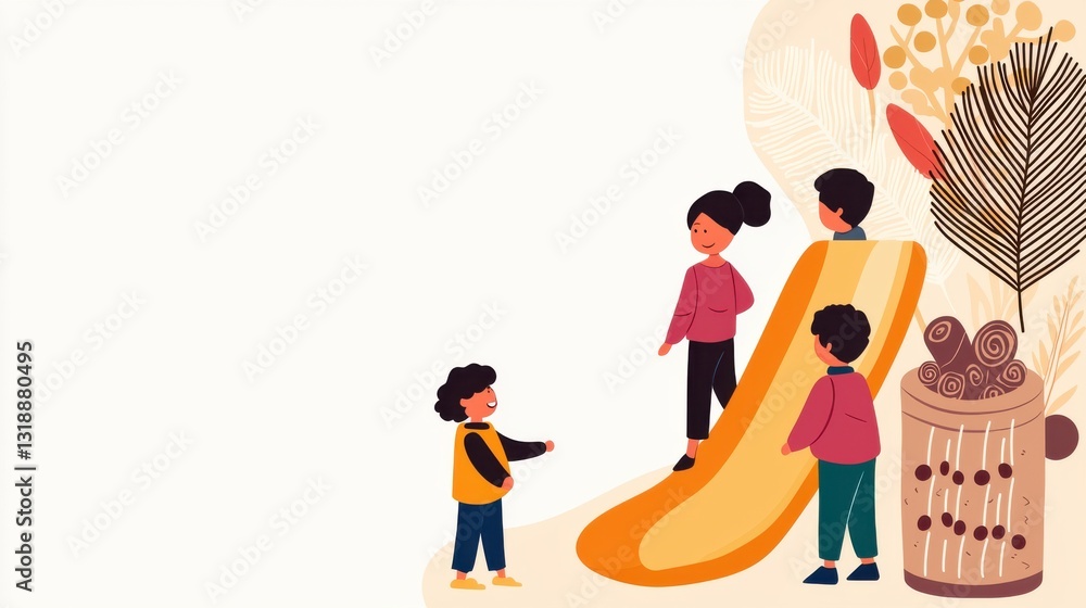 Naklejka premium Happy Children Playing on Yellow Slide Playground Illustration