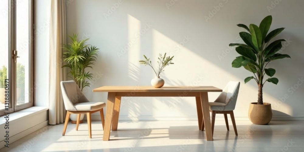 Fototapeta premium Serene Minimalist Dining Room with Sunlight Streaming Through Window and Natural Decor