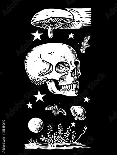Skull and mushrooms intertwine with celestial elements creating a surreal dreamscape under a cosmic night sky