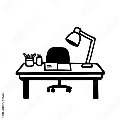 Creative workspace featuring a stylish desk setup with lamp, chair, and stationery beside an open notebook