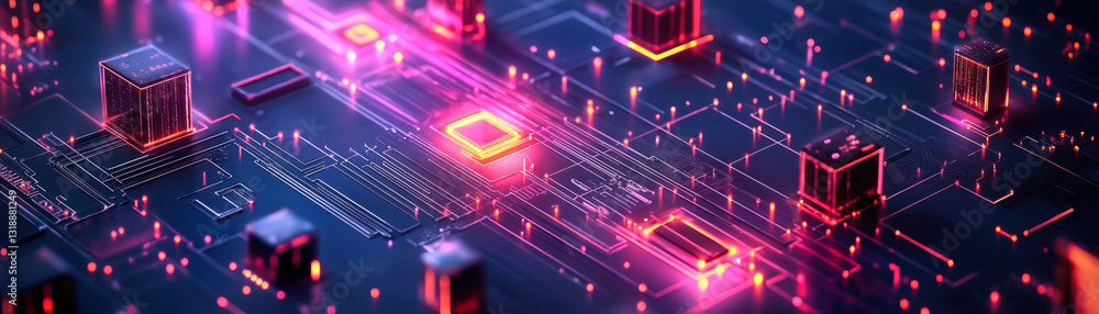 Fototapeta premium Futuristic Digital Network with Glowing Circuits and Smart Technology in Isometric Style Representing IoT and Connectivity