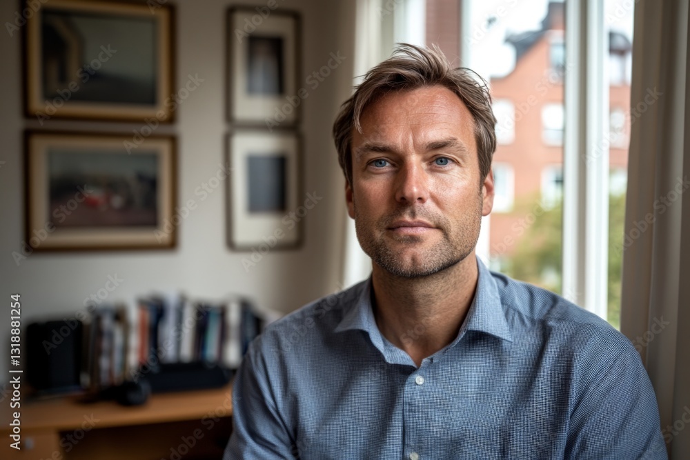 Professional man posing in a bright, modern home office with natural light during the day Professional man posing in a bright, modern home office with natural light during the day