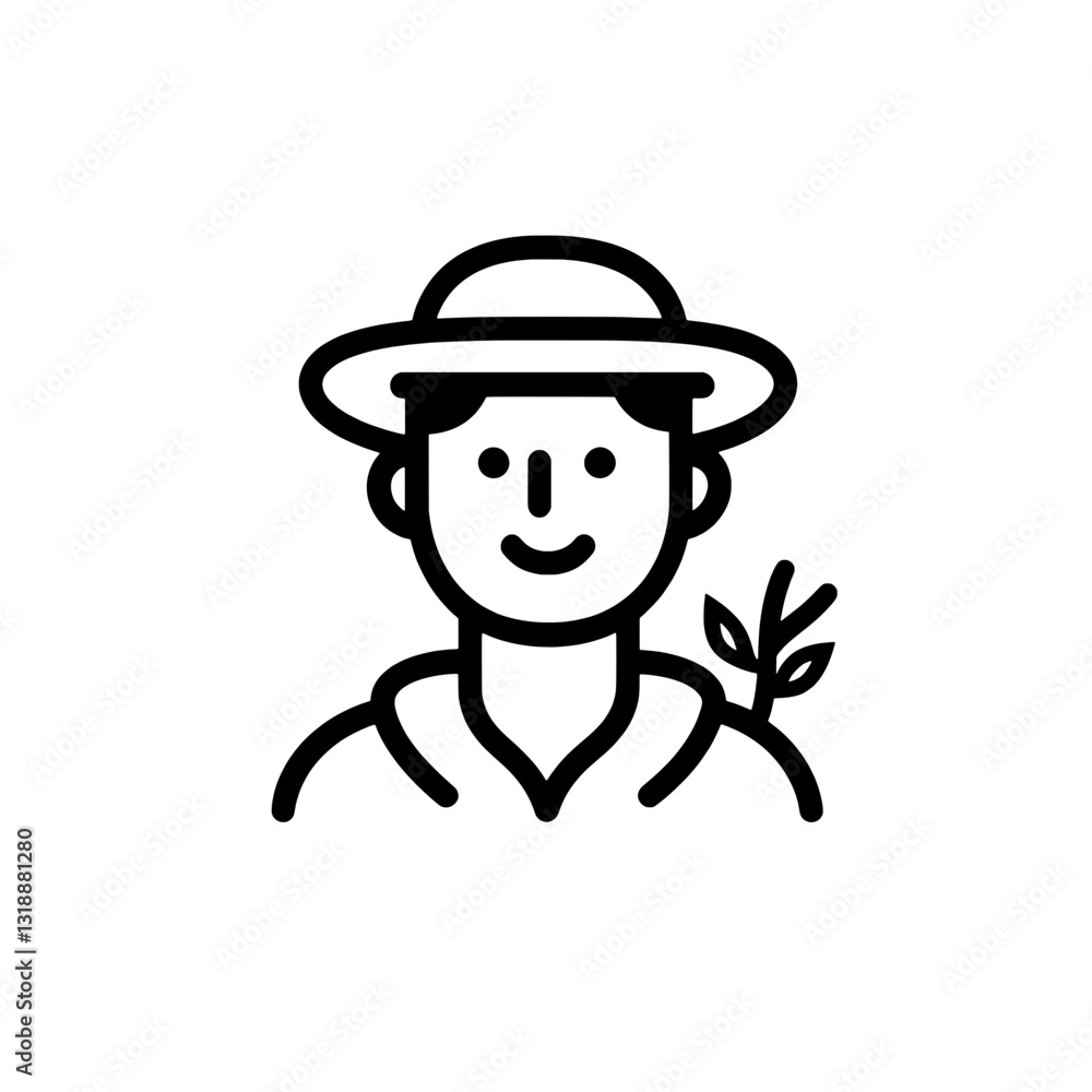 Smiling farmer wearing a hat with a sprout on his shoulder in a minimalist vector style Smiling farmer wearing a hat with a sprout on his shoulder in a minimalist vector style