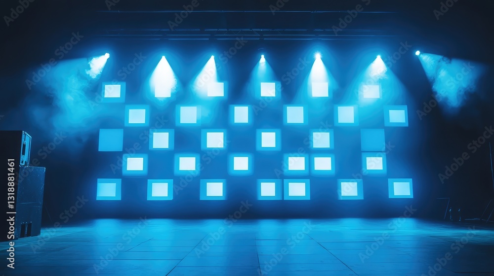 Obraz premium A creative shot of an empty concert stage featuring a high-tech LED backdrop with a minimalist design and futuristic lighting setup, providing clear space for promotional content.