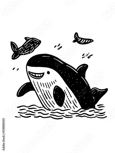 Joyful whale splashes in the ocean while playful fish swim nearby under a bright sky