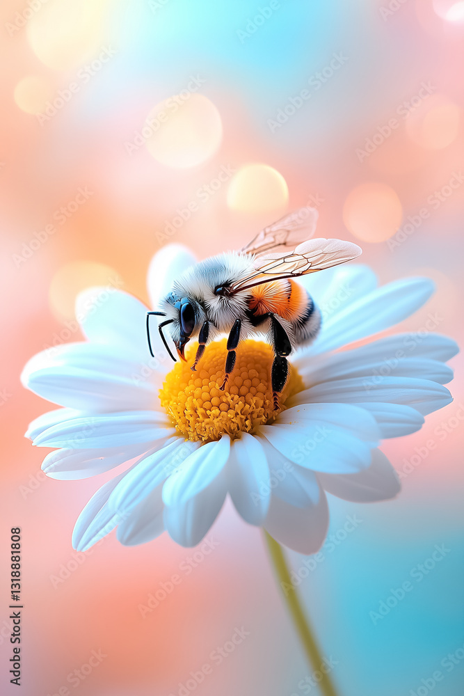 Fototapeta premium A bee is quietly perched on a daisy, illuminated by gentle morning sunlight. The flower's petal textures contrast beautifully with the fuzzy body of the bee, capturing a serene moment in nature