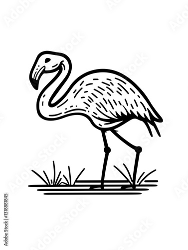 Stylized flamingo standing gracefully in a serene marsh with lush grasses, embodying tranquility and nature's elegance