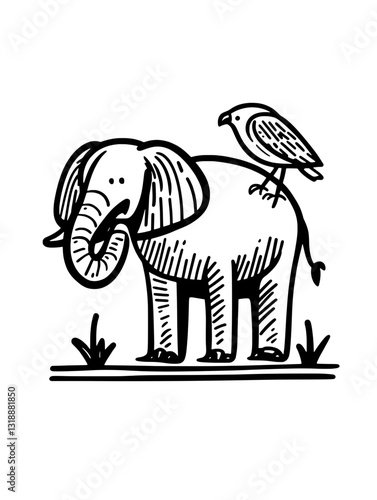 Whimsical elephant and bird duo frolic in a lush landscape, capturing joy and friendship in a delightful vector design