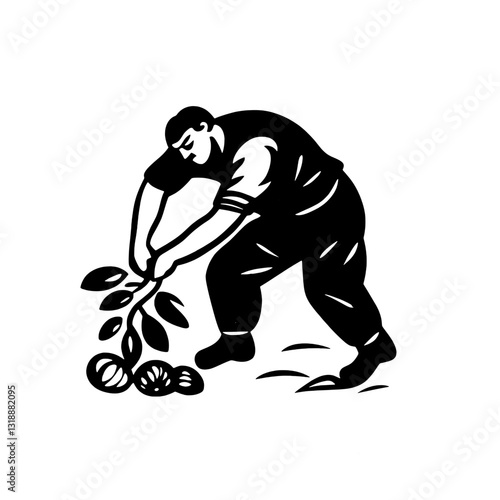 Cultivating the earth with dedication as a gardener harvests vegetables on a sunny afternoon in a serene, rural landscape