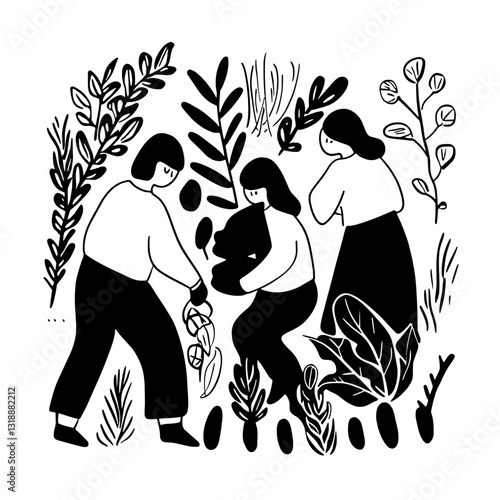 Three friends engaged in a joyful and collaborative gardening activity surrounded by lush greenery in a vibrant spring atmosphere