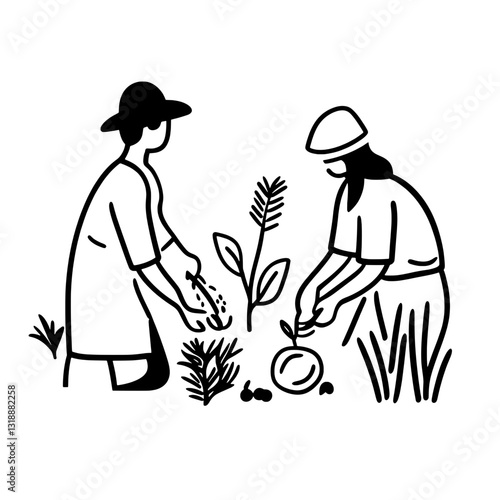 Gardening companions nurture plants and sow seeds in a vibrant backyard during a sunny afternoon in early spring