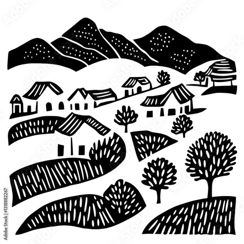 Charming hillside village nestled among rolling hills under a starlit sky with quaint cottages and lush greenery