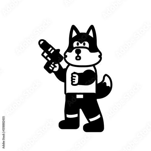 Vector illustration of a playful cartoon wolf character holding a futuristic blaster with a fun expression