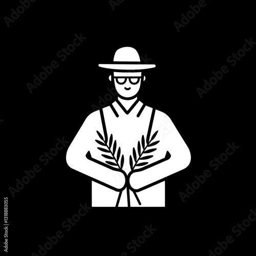 Farmer holding wheat stalks in a black silhouette vector design representing agricultural dedication and rural life