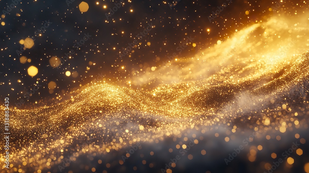 Naklejka premium A Cosmic Sea Of Golden Dust Shimmers, A Celestial Dance Of Light And Shadow In A Dark, Swirling Galaxy