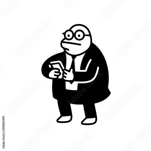 Businessman in a suit contemplating his phone while seated in a minimalist, modern setting for work or leisure activities