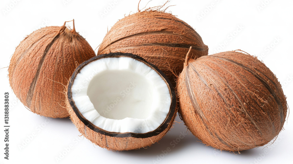 Three Brown Coconuts and Halved Coconut on White Background Three Brown Coconuts and Halved Coconut on White Background
