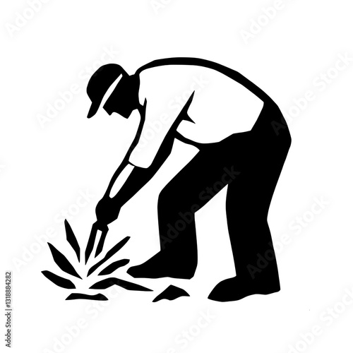 Illustration of a dedicated gardener working diligently to cultivate plants in a vibrant garden during sunny day