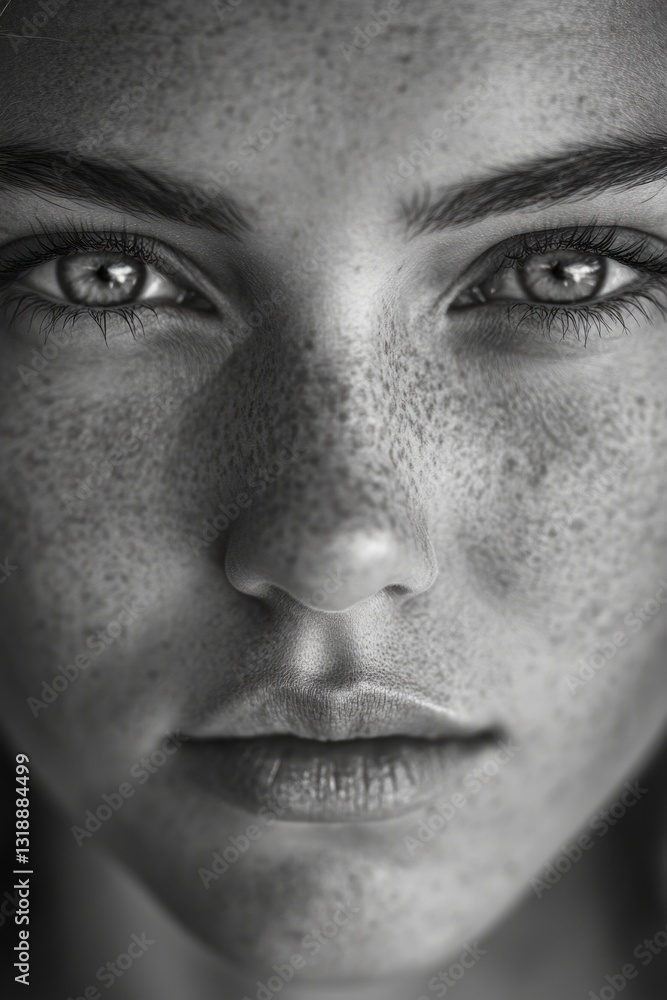 Fototapeta premium A detailed shot focusing on a woman's facial features, with her freckled skin and striking eyes prominently featured.