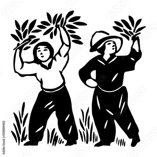 Harvesting bright green foliage in a lush countryside setting during a warm summer afternoon