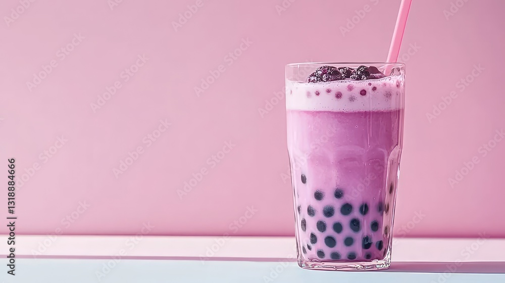 A glass of bubble tea with a deep purple color and tapioca pearls, resting on a pastel-colored table with ample space for event text or branding.