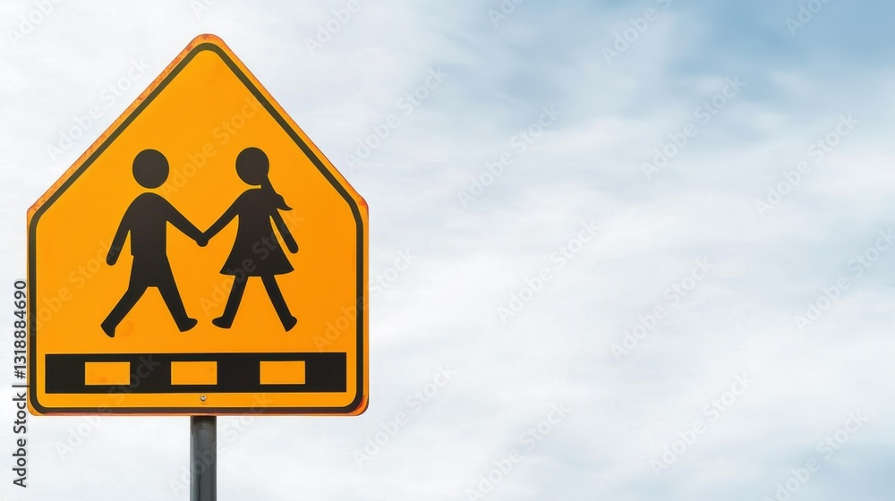 Yellow School Crossing Sign Against Cloudy Sky Yellow School Crossing Sign Against Cloudy Sky