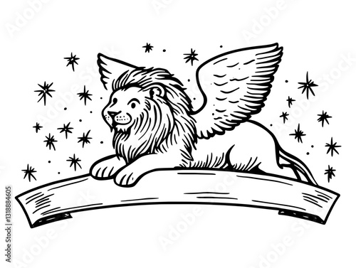 Majestic winged lion resting gracefully beneath a canopy of twinkling stars in a whimsical design